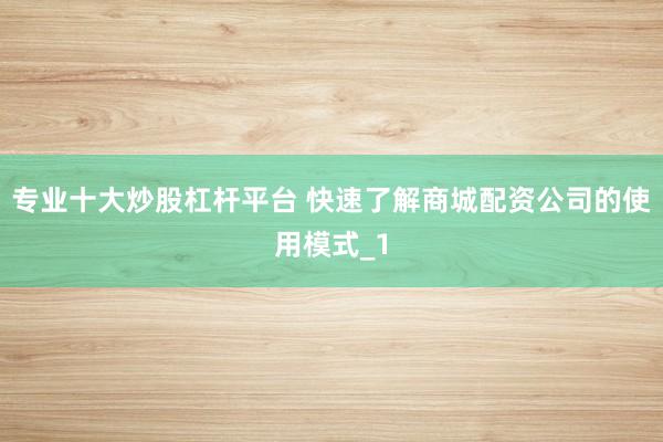 专业十大炒股杠杆平台 快速了解商城配资公司的使用模式_1